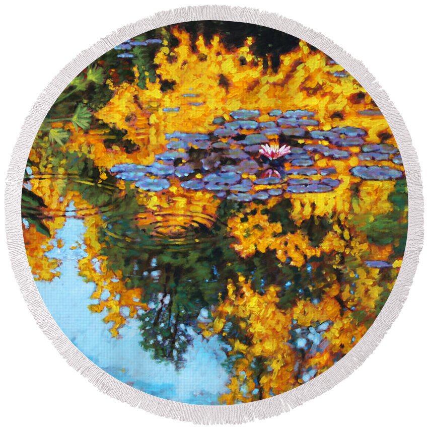 Garden Pond Round Beach Towel featuring the painting Gold Reflections by John Lautermilch
