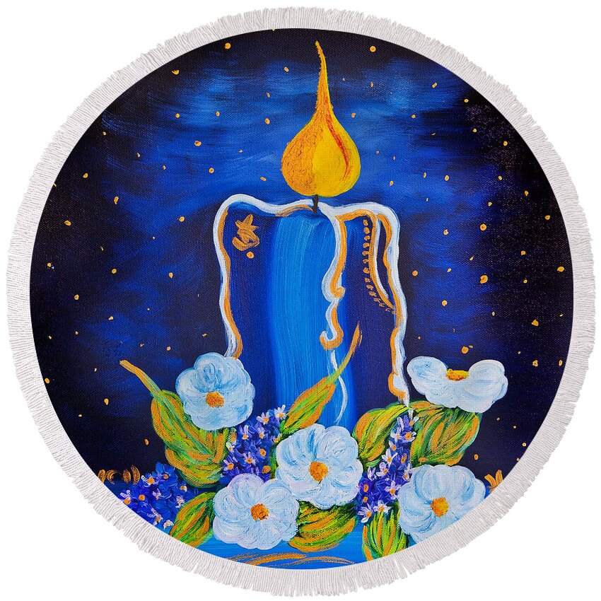Candle Round Beach Towel featuring the painting Golden Blue Candle by Alex Art