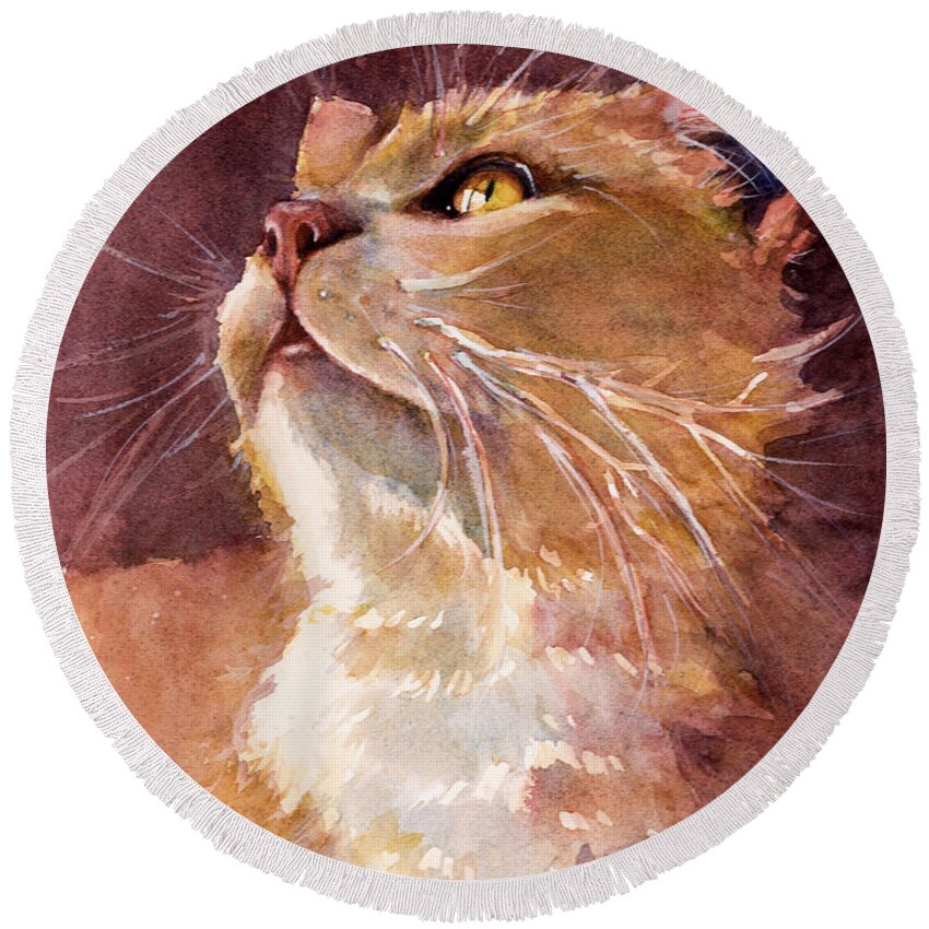 Cat Round Beach Towel featuring the painting Golden Eyes by Judith Levins