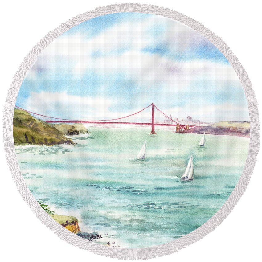 San Francisco Round Beach Towel featuring the painting Golden Gate Bridge View From Point Bonita by Irina Sztukowski