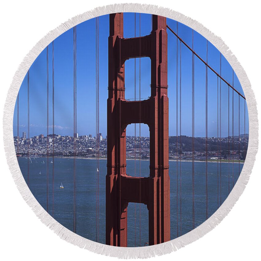 Golden Gate Bridge Tower Blue Sky Round Beach Towel featuring the photograph Golden Gate North Span by Garry Gay