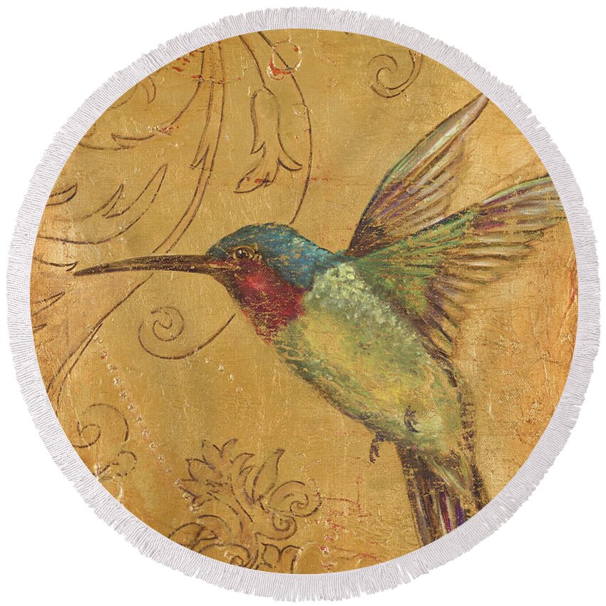 Hummingbird Round Beach Towel featuring the painting Golden Hummingbird II by Patricia Pinto