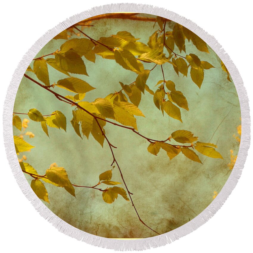 Leaves Round Beach Towel featuring the digital art Golden Leaves-2 by Nina Bradica