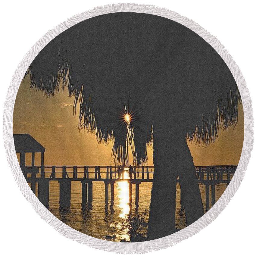 Florida Round Beach Towel featuring the drawing Golden Pier by Richard Zentner