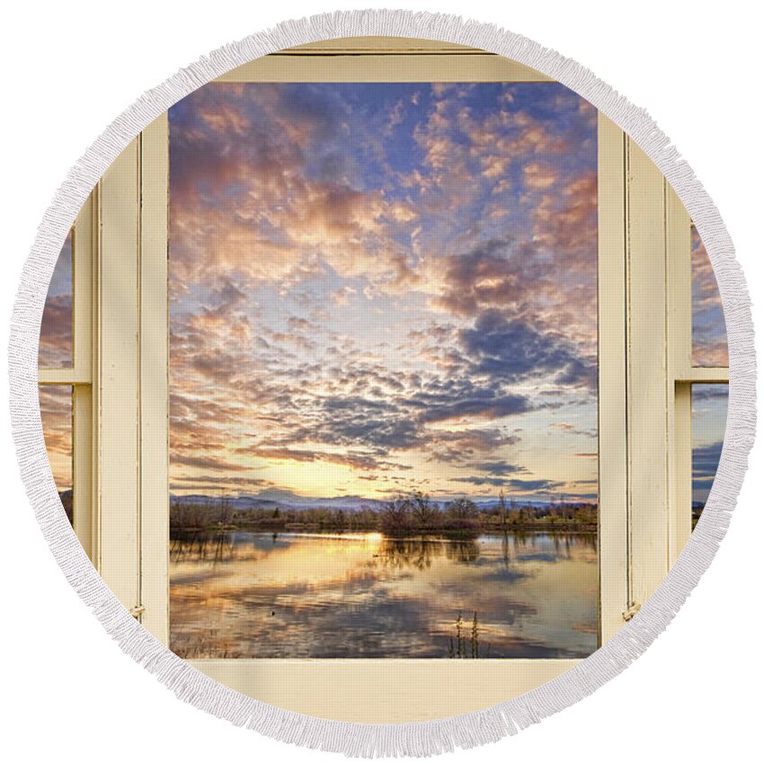 Window Round Beach Towel featuring the photograph Golden Ponds Scenic Sunset Reflections 4 Yellow Window View by James BO Insogna