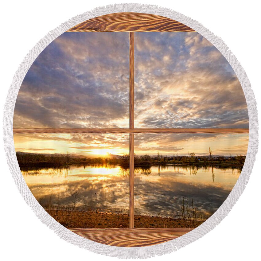  Window Round Beach Towel featuring the photograph Golden Ponds Sunset Reflections Barn Wood Picture Window View by James BO Insogna