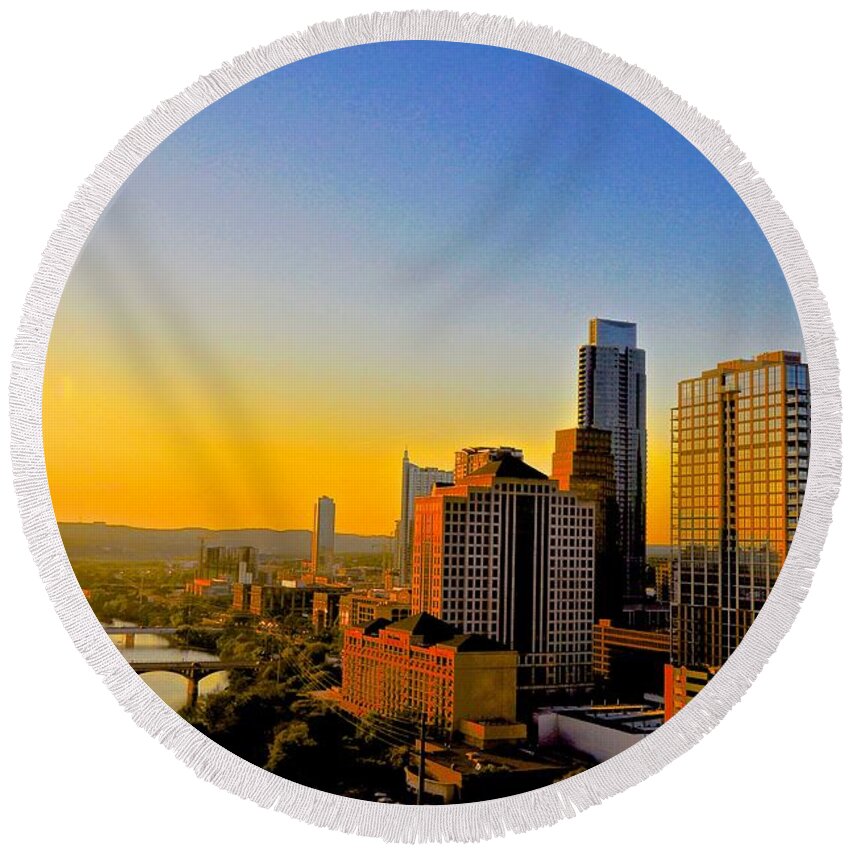 Downtown Austin Round Beach Towel featuring the photograph Golden Sunset in Austin Texas by Kristina Deane