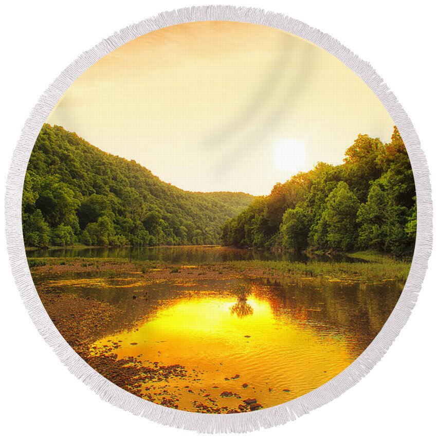 Sunset Round Beach Towel featuring the photograph Golden Sunset on Buffalo River by Bill and Linda Tiepelman
