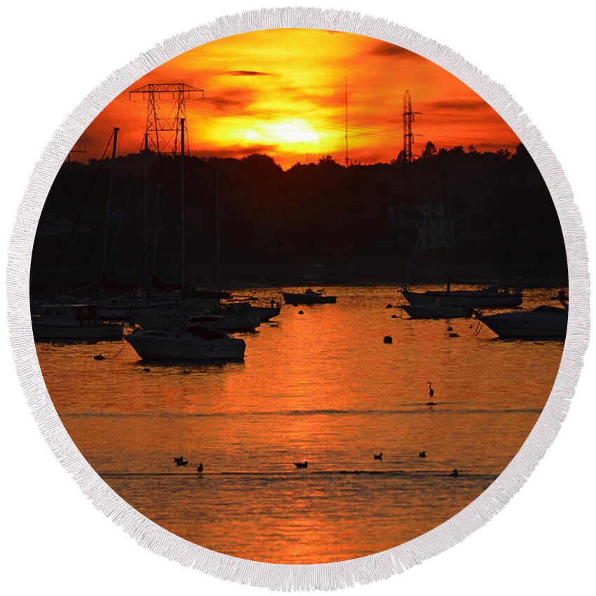 Salem Round Beach Towel featuring the photograph Golden sunset over Salem Harbor by Toby McGuire