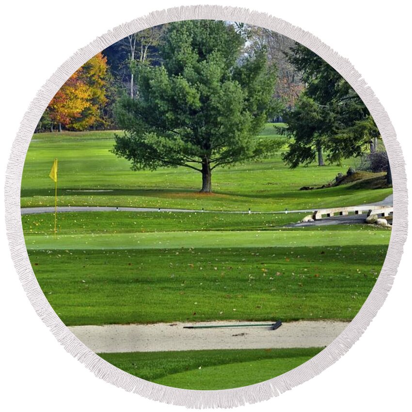 Fall Round Beach Towel featuring the photograph Golf Course Guardians by Frozen in Time Fine Art Photography