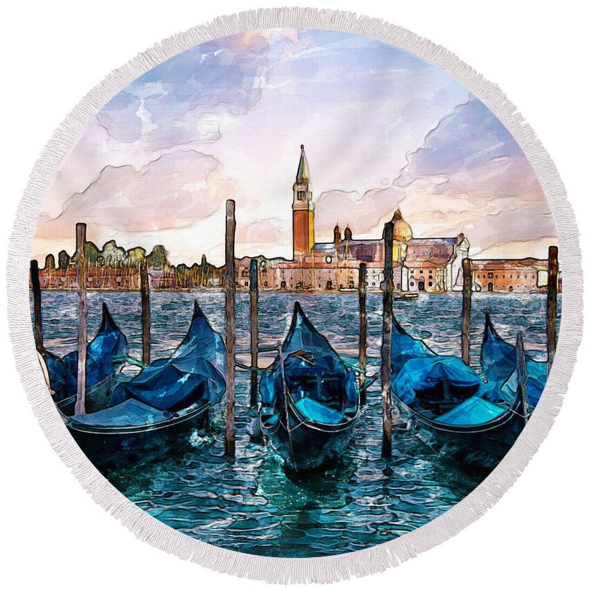 Marian Voicu Round Beach Towel featuring the painting Gondolas in Venice watercolor by Marian Voicu