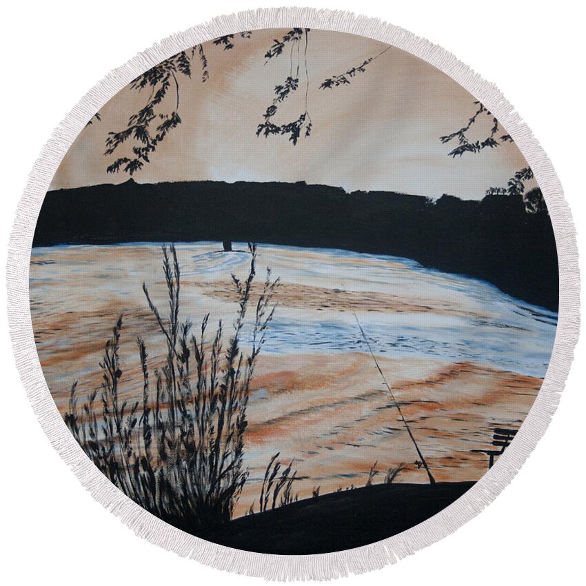 Donley Round Beach Towel featuring the painting Gone Fishing by Ian Donley