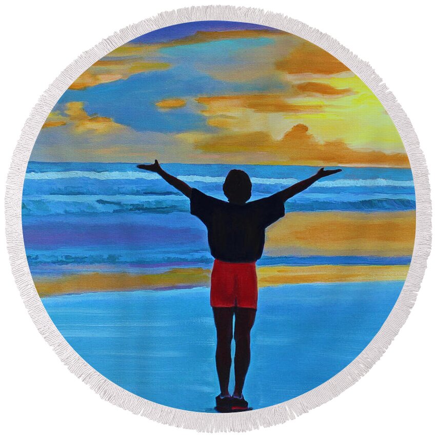 Yoga Round Beach Towel featuring the painting Good Morning Morning by Deborah Boyd