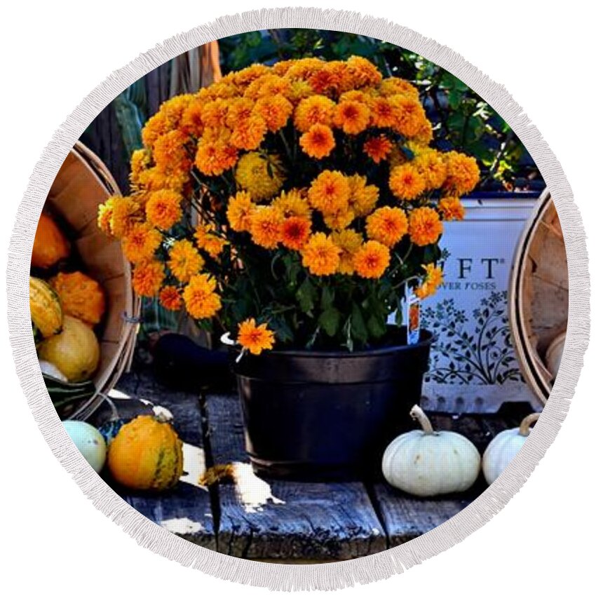 Gourds Round Beach Towel featuring the photograph Gourds and Marigolds by Tara Potts