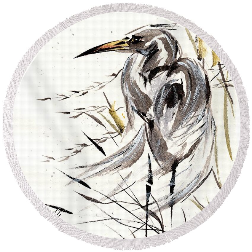 Chinese Brush Painting Round Beach Towel featuring the painting Grace of Solitude by Bill Searle