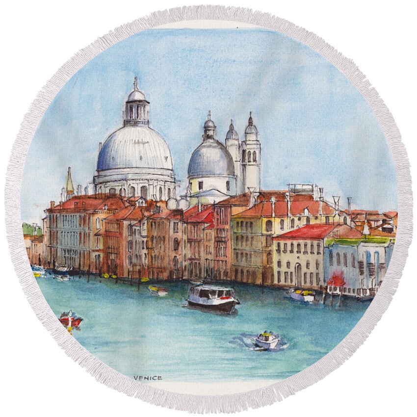 Venice Round Beach Towel featuring the painting Grand Canal and Santa Maria della Salute Venice by Dai Wynn