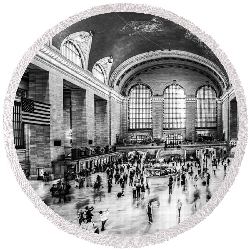 Nyc Round Beach Towel featuring the photograph Grand Central Station -pano bw by Hannes Cmarits
