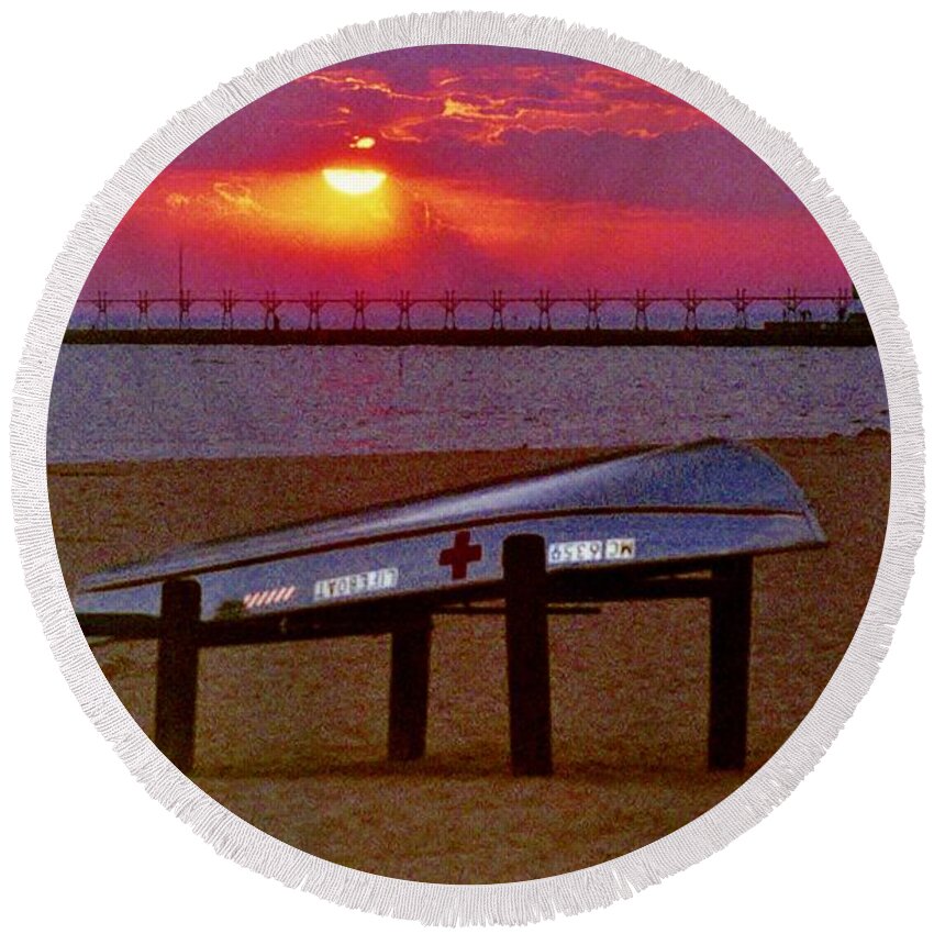 Life Boat Round Beach Towel featuring the photograph Grand Haven Lifeboat by Daniel Thompson