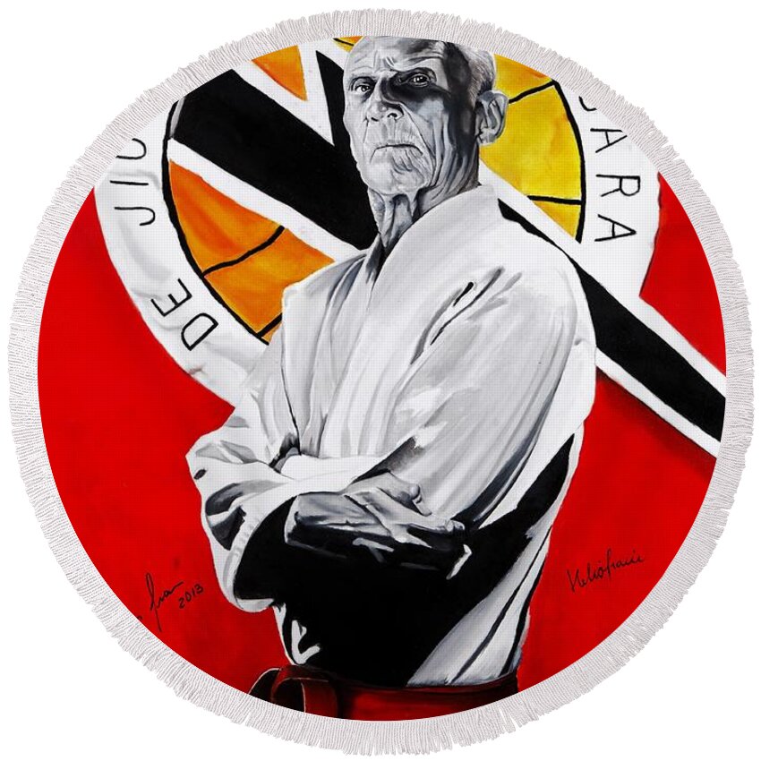 Helio Round Beach Towel featuring the painting Grand Master Helio Gracie by Brian Broadway