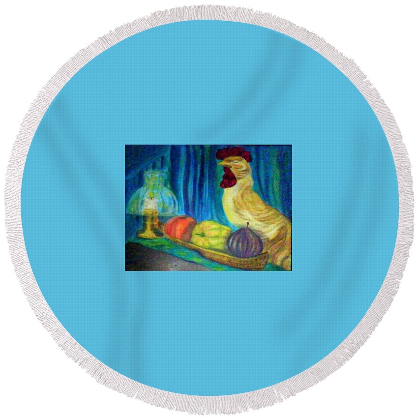 Rooster Round Beach Towel featuring the painting Grandma's Rooster Greeting Card by Suzanne Berthier
