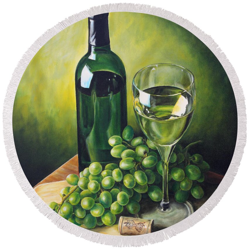 Still Life Round Beach Towel featuring the painting Grapes and Wine by Kim Lockman