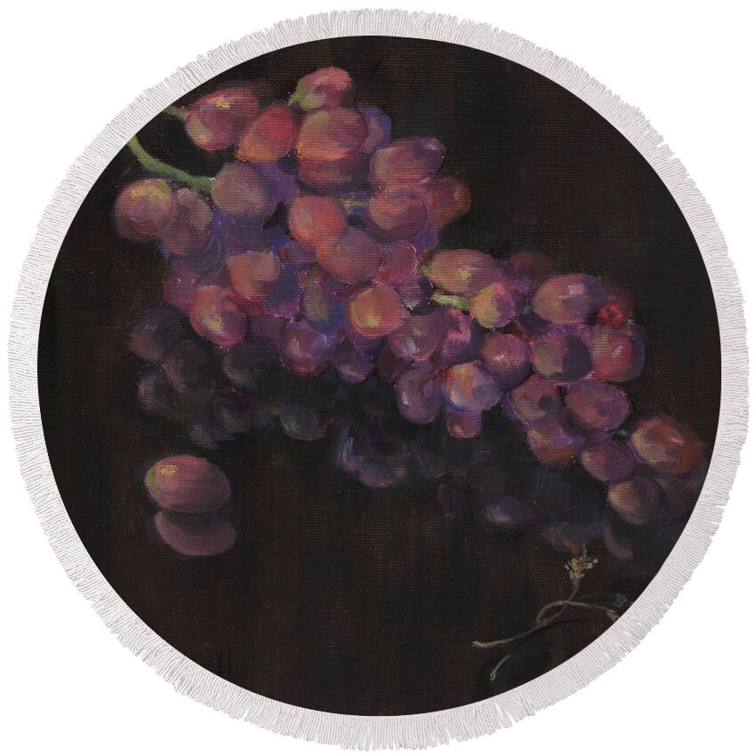 Flame Grapes Round Beach Towel featuring the painting Grapes in Reflection by Maria Hunt