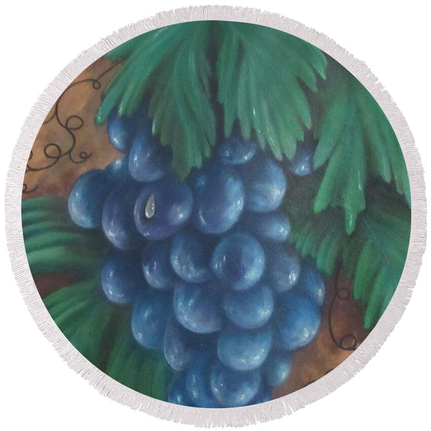 Antique Round Beach Towel featuring the painting Grapes With Dewdrop by Ashley Goforth