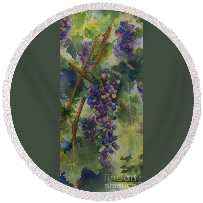 Vineyard Round Beach Towel featuring the painting Baby Cabernets II  triptych by Maria Hunt