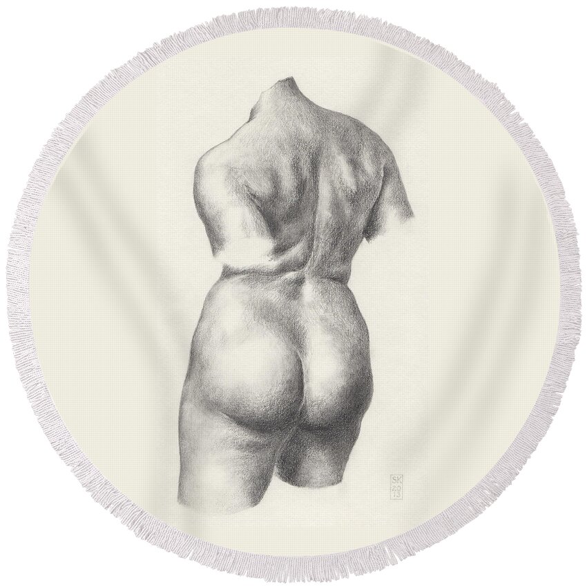 Female Nude Round Beach Towel featuring the drawing Graphite Drawing of Bronze-Torso Maillol Sculpture Chained Action by Scott Kirkman