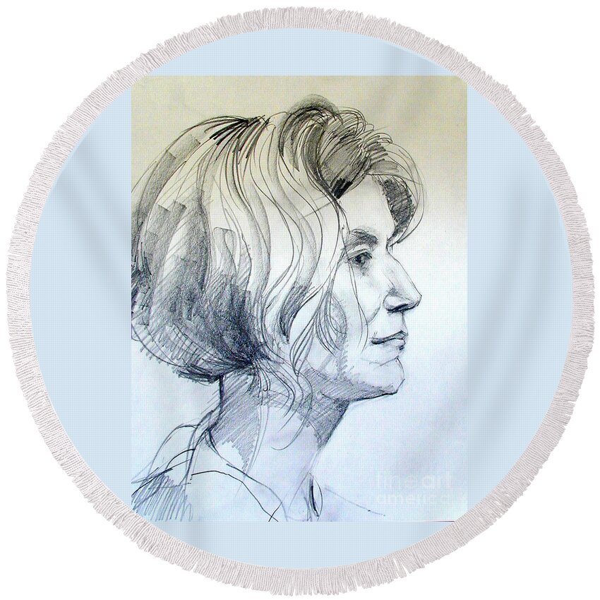 Portrait Round Beach Towel featuring the drawing Portrait Drawing of a Woman in Profile by Greta Corens
