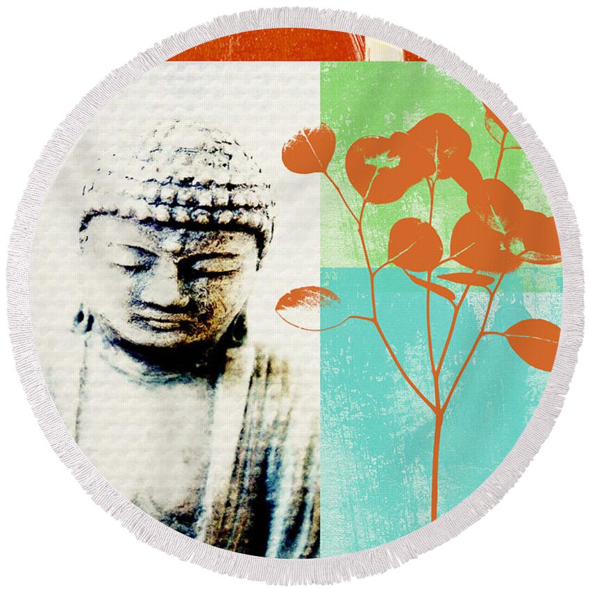 Gratitude Greeting Card Round Beach Towel featuring the painting Gratitude Card- Zen Buddha by Linda Woods