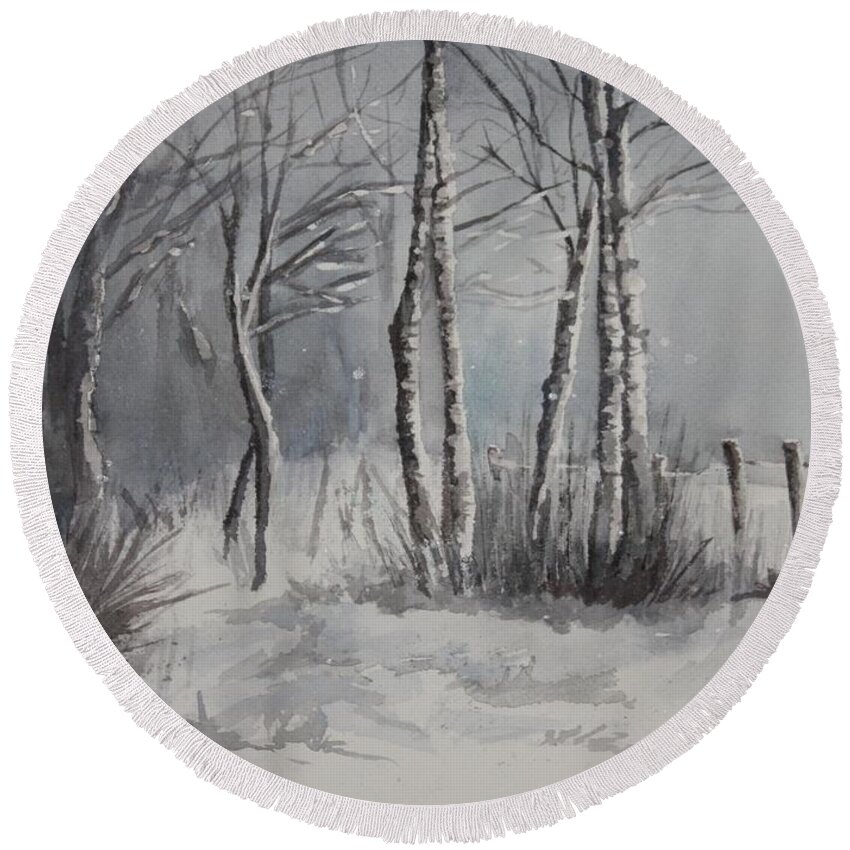 Snowy Forest Round Beach Towel featuring the painting Gray Forest by Rachel Bochnia