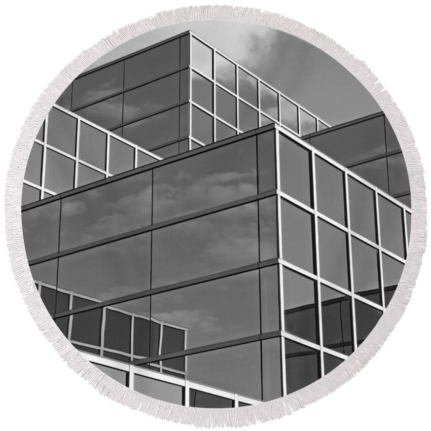Architecture Round Beach Towel featuring the photograph Gray Sky Mirror bw by Ann Horn