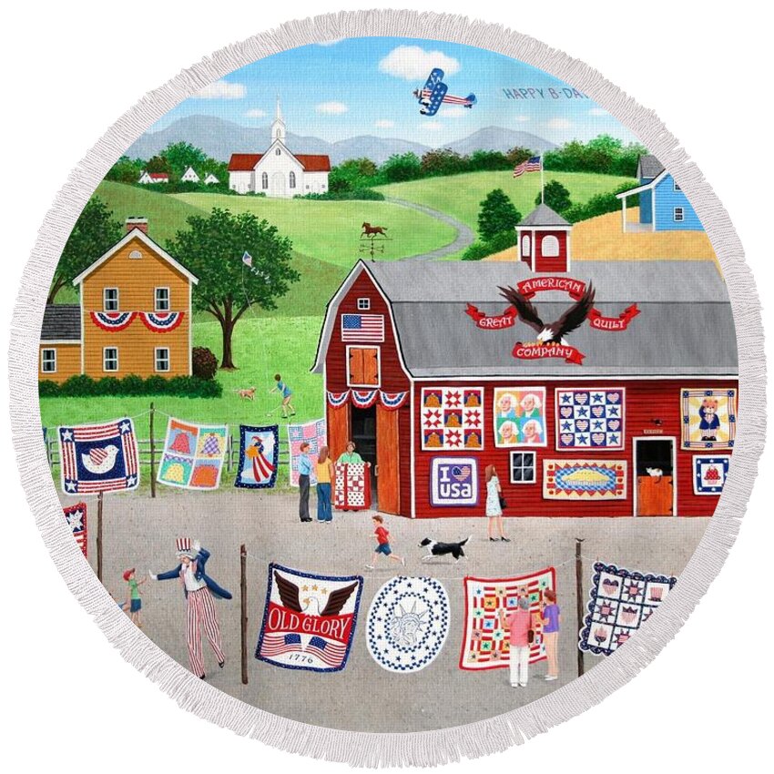 Quilt Round Beach Towel featuring the painting Great American Quilt Factory by Wilfrido Limvalencia