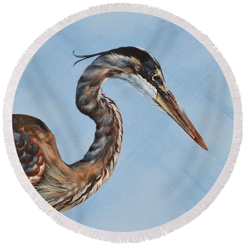 Great Blue Heron Round Beach Towel featuring the painting Great Blue IV by Joan Garcia