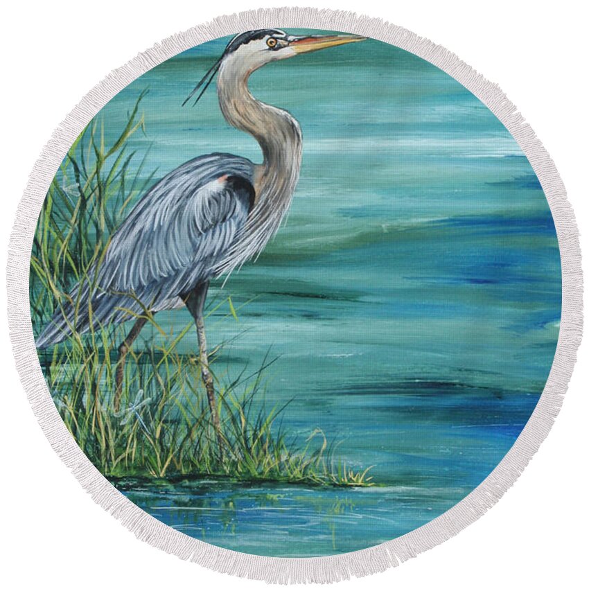 Botanical Round Beach Towel featuring the painting Great Blue Heron 2 by Jean Plout