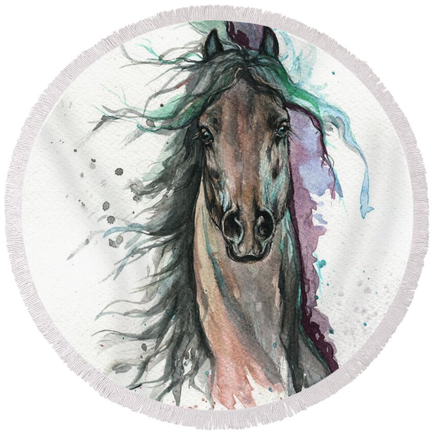 Horse Round Beach Towel featuring the painting Green And Purple by Ang El