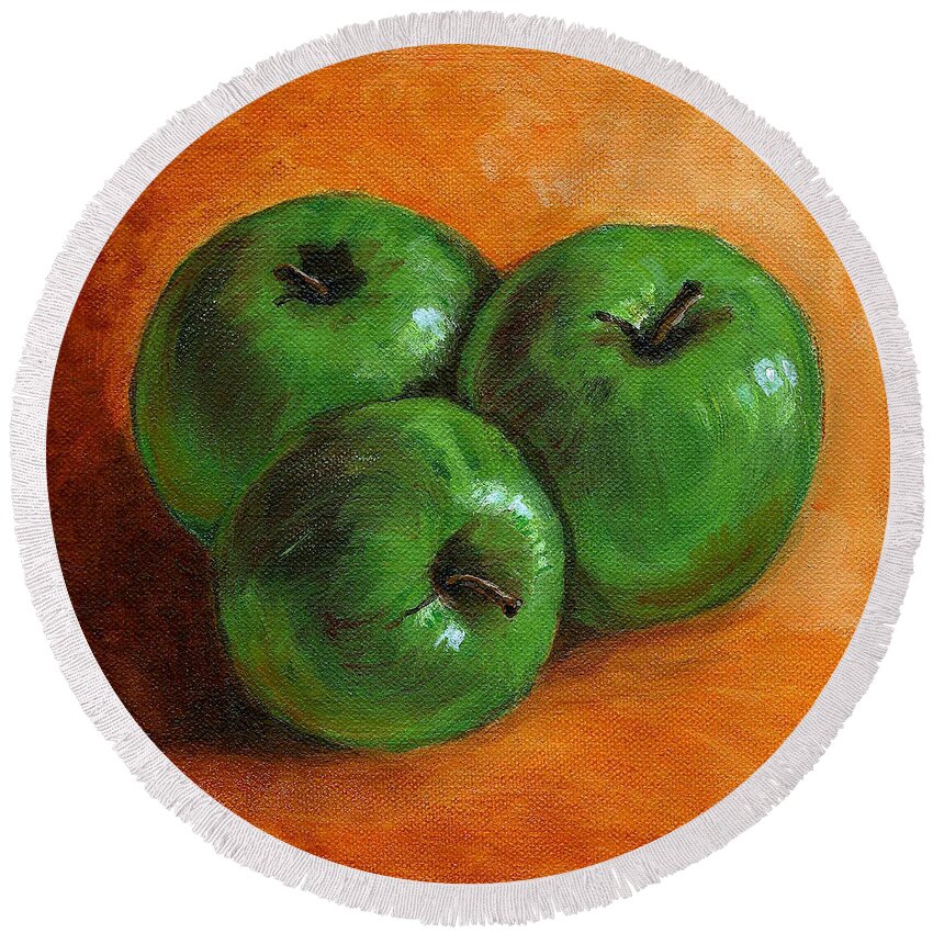 Apples Round Beach Towel featuring the painting Green Apples by Asha Sudhaker Shenoy