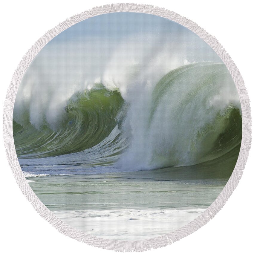 Wave Round Beach Towel featuring the photograph Green breaking wave tube by Heiko Koehrer-Wagner