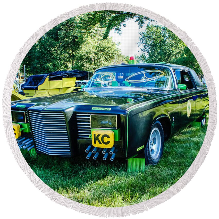 1966 Chrysler Imperial Black Beauty Round Beach Towel featuring the photograph Green Hornet Black Beauty by Grace Grogan