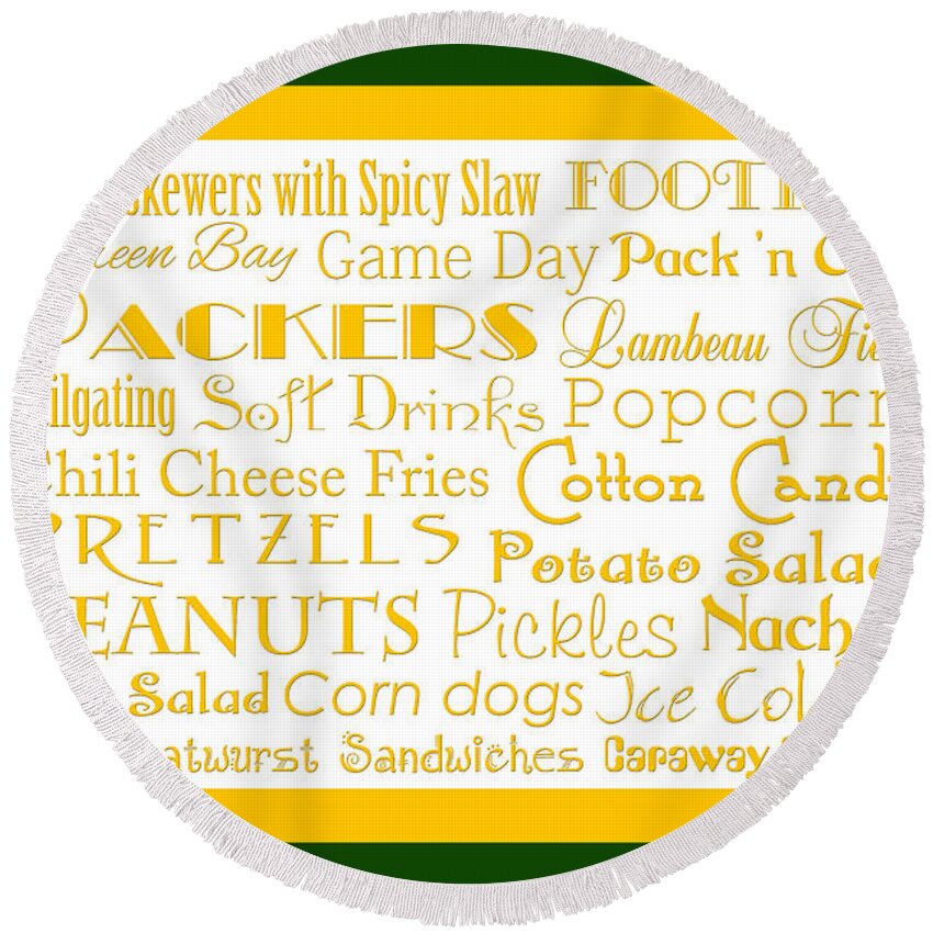 Andee Design Football Round Beach Towel featuring the digital art Green Packers Game Day Food 2 by Andee Design