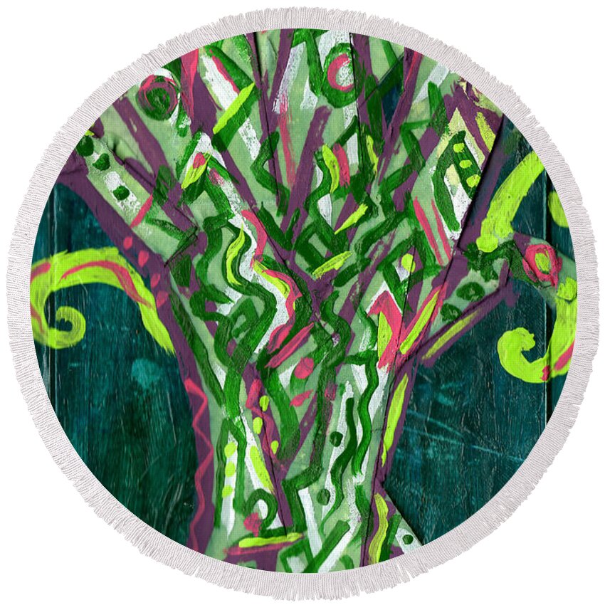 Tree Round Beach Towel featuring the painting Green Tree With Pink by Genevieve Esson