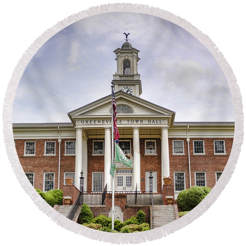 Greeneville Round Beach Towel featuring the photograph Greeneville Town Hall by Heather Applegate
