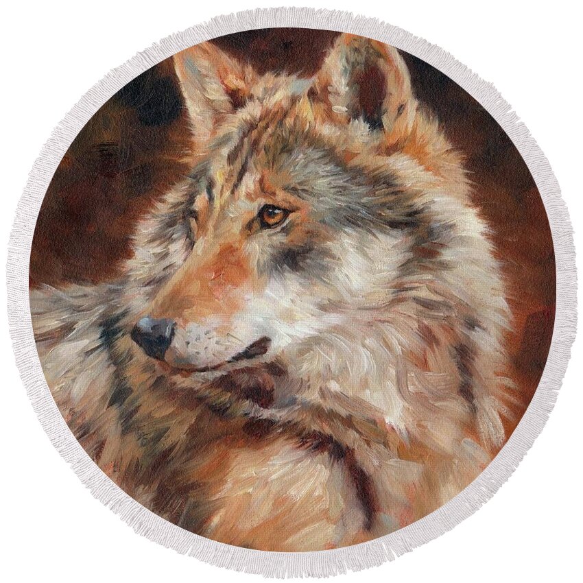 Wolf Round Beach Towel featuring the painting Grey Wolf Portrait by David Stribbling