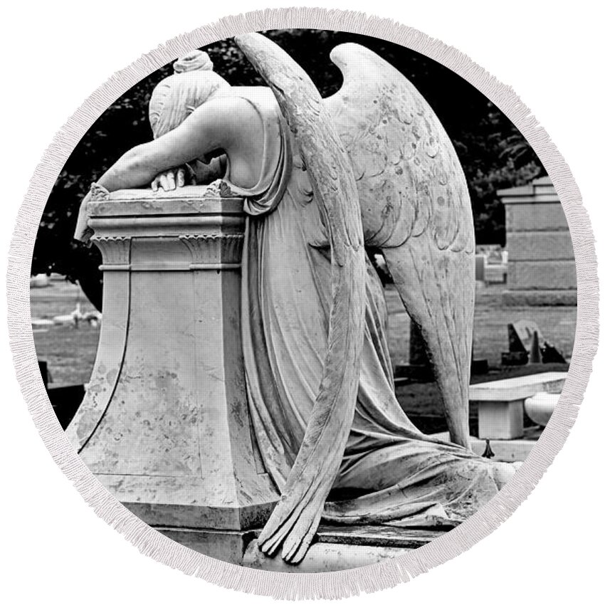 Statue Round Beach Towel featuring the photograph Grieving Angel by AJ Schibig