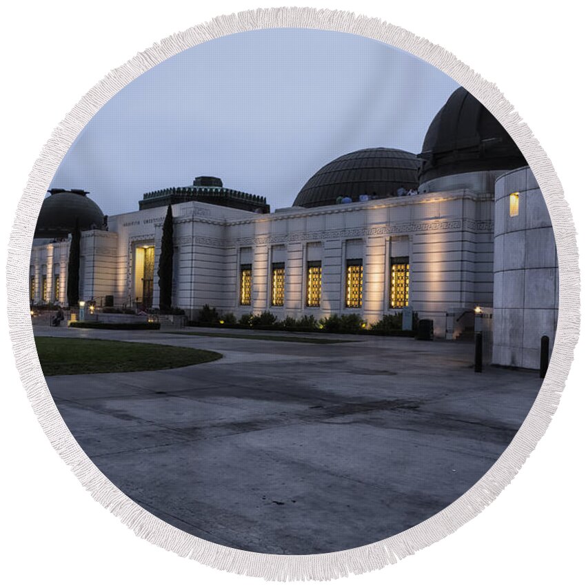 Griffith Park Observatory Round Beach Towel featuring the photograph Griffith Park Observatory at Dusk No. 1 by Belinda Greb