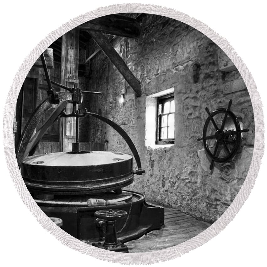 Grinder Round Beach Towel featuring the photograph Grinder for unmalted barley in an old distillery by RicardMN Photography