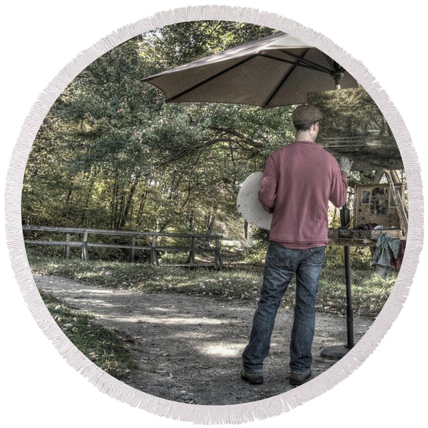 Grist Mill Round Beach Towel featuring the photograph Grist Mill Artist by Mark Valentine