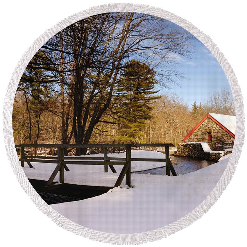 Grist Mill Round Beach Towel featuring the photograph Grist Mill Stream at Christmas - Greeting Card by Mark Valentine