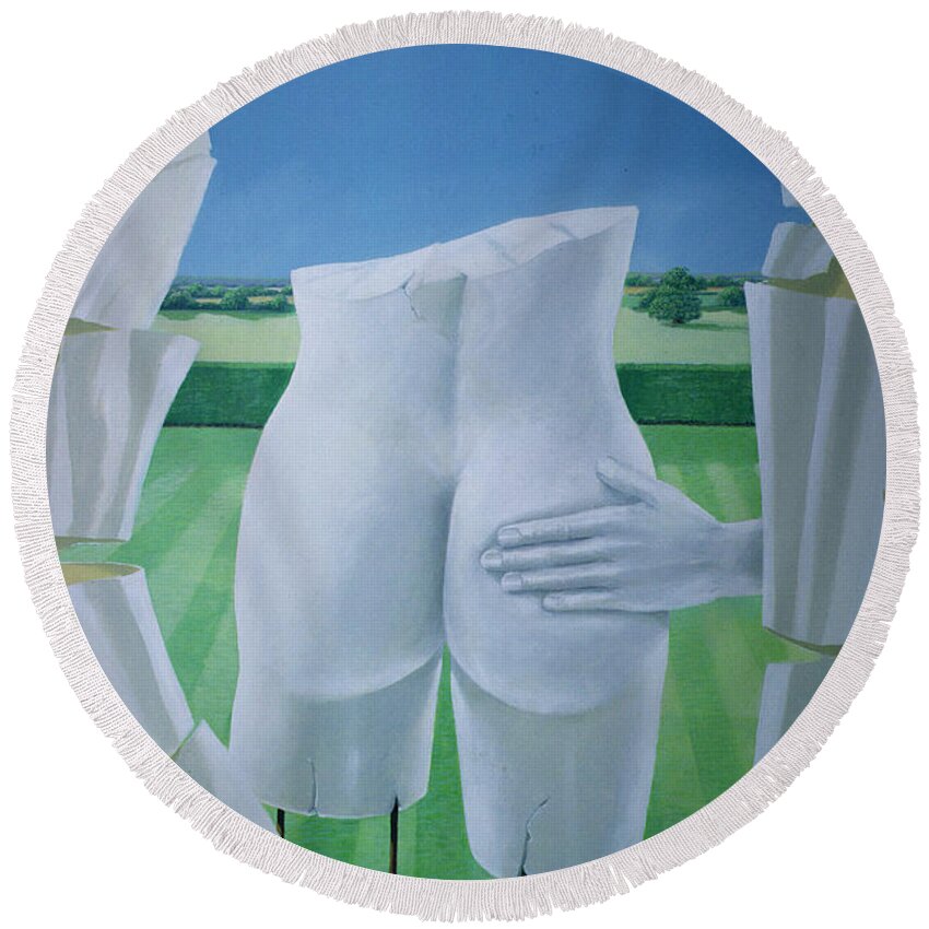 Torso Round Beach Towel featuring the photograph Groping Statues Acrylic On Canvas by Lincoln Seligman